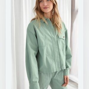 & Other Stories Cropped Sage Green Utility Oversized Cotton Patch Pocket Jacket